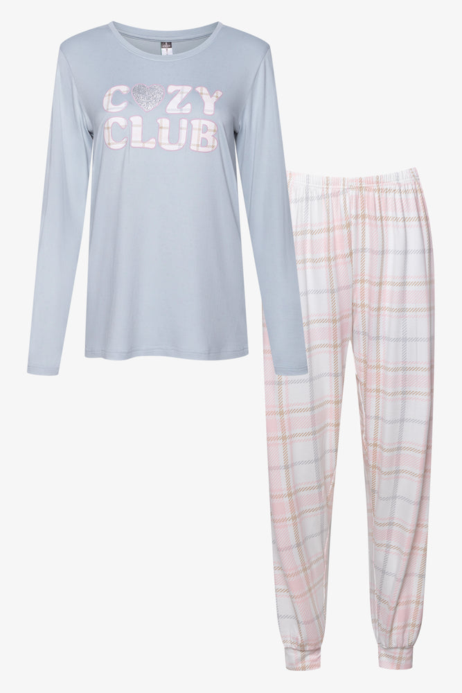 Long Sleeve Check Bottoms Cosy Set Grey And Pink
