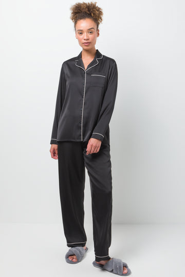 Long Sleeve Button Through Pyjamas Black