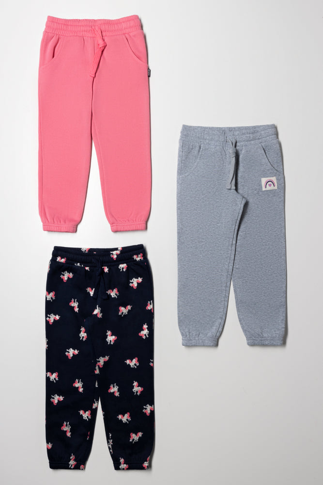 3 Pack Unicorn Track Pants Pink, Grey & Black