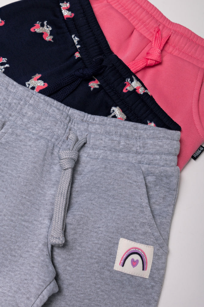 3 Pack Unicorn Track Pants Pink, Grey & Black