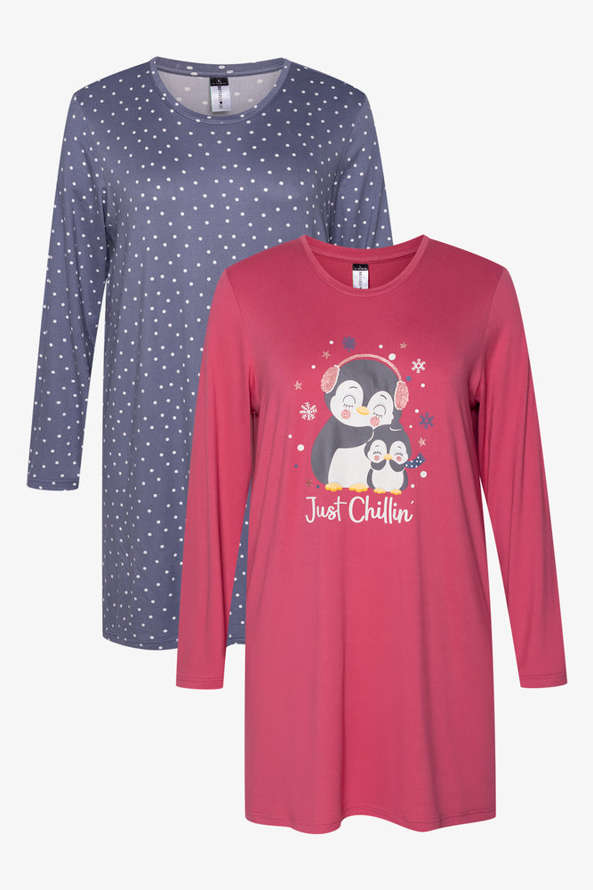 2 Pack Just Chilling Penguin Sleepshirts Purple And Navy