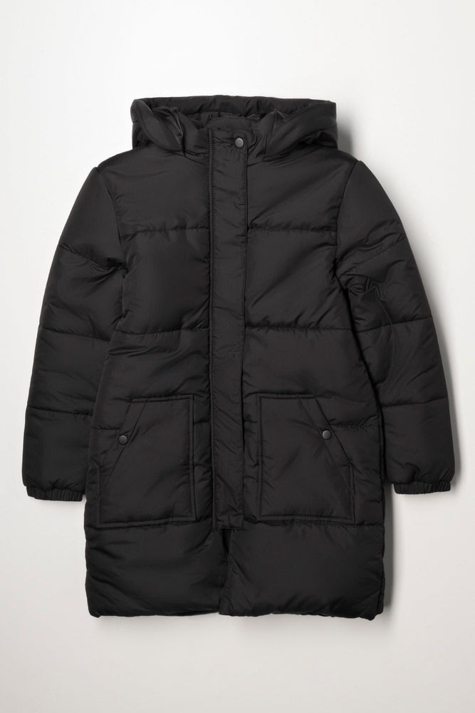 Hooded Long Puffer Jacket Black