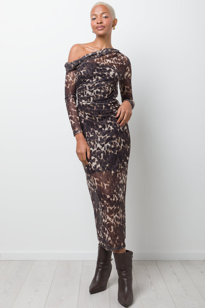Mesh Animal Print Dress Brown