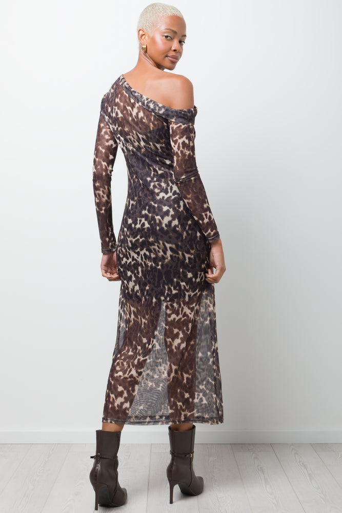 Mesh Animal Print Dress Brown (2)