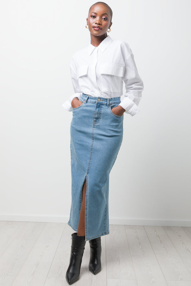 Maxi Denim Skirt With Slit Blue