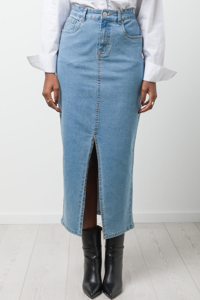 Maxi Denim Skirt With Slit Blue