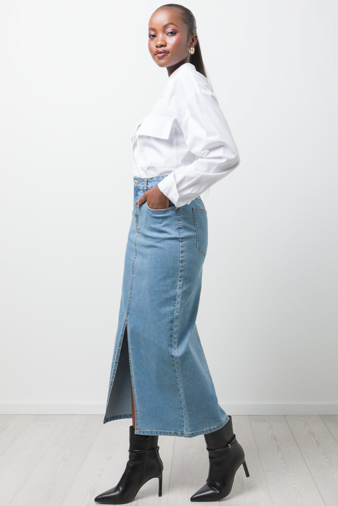 Maxi Denim Skirt With Slit Blue (2)