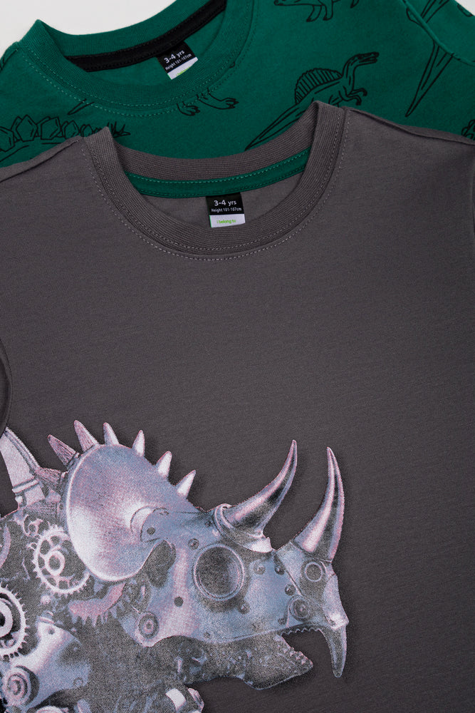 2 Pack Dinosaur Long Sleeve T-Shirt Green And Grey (1)