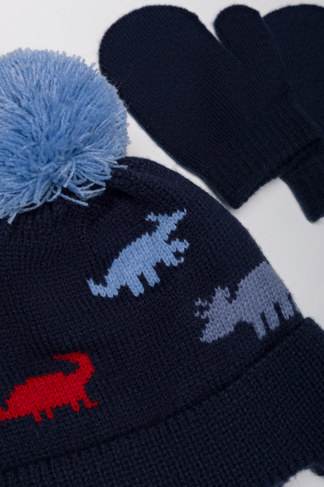 Dinosaur Beanie And Mittens Set Navy (1)