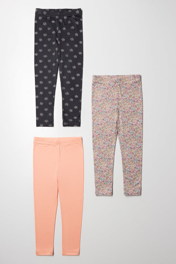 3 Pack Floral Leggings Peach And Dark Grey