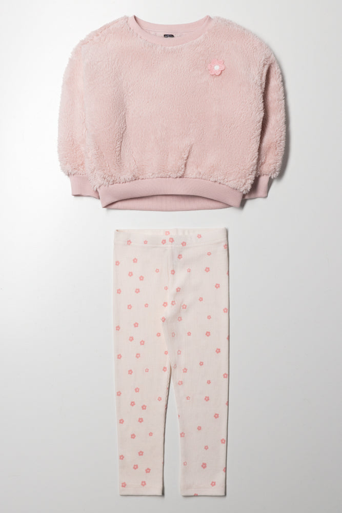 Shaggy Fleece Crew Neck And Leggings Set Pink