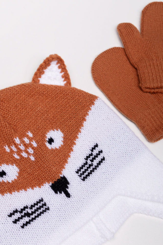 Fox Beanie And Mittens Set Brown (1)