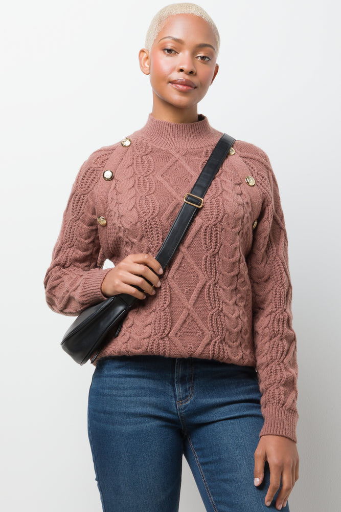 Buttoned Cable Knit Jersey  Brown