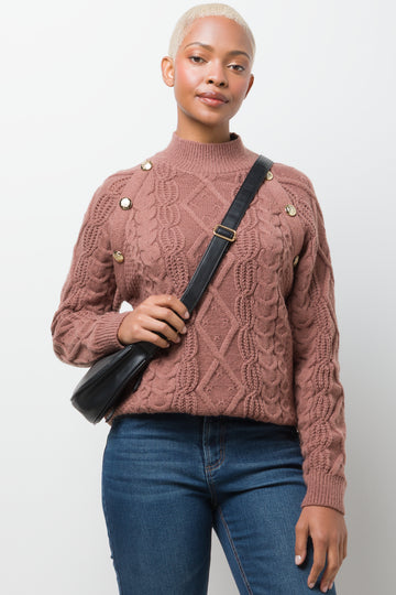 Buttoned Cable Knit Jersey  Brown