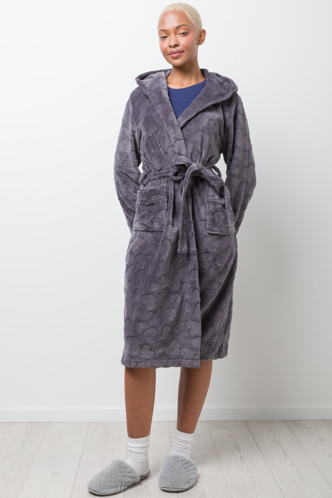 Heart Embossed Fleece Hooded Gown Black