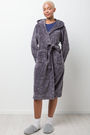 Heart Embossed Fleece Hooded Gown Black