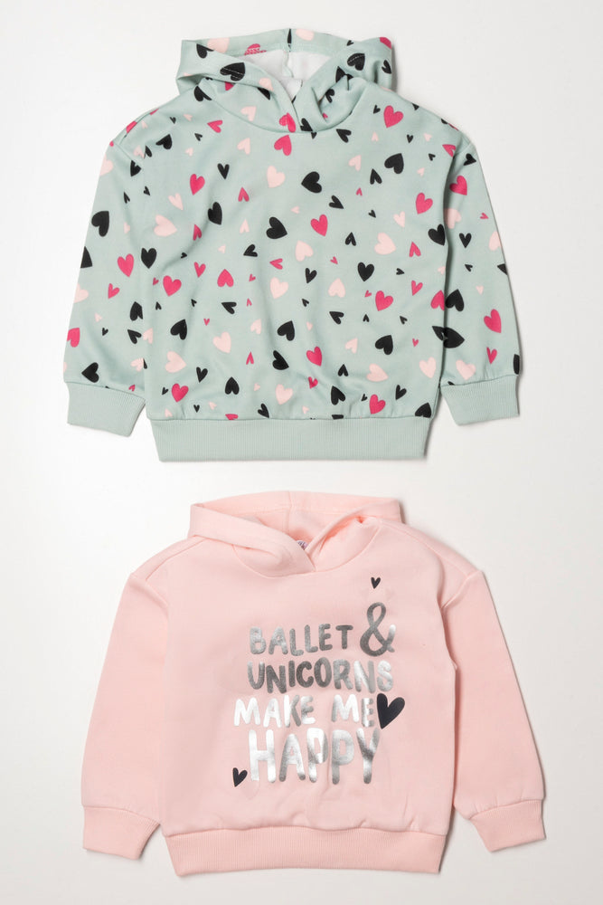 2 Pack Heart Hoodies Pink And Green