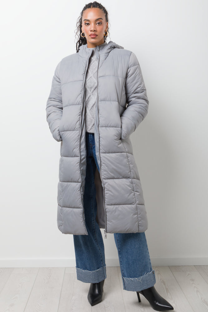 Long Hooded Puffer Jacket Grey