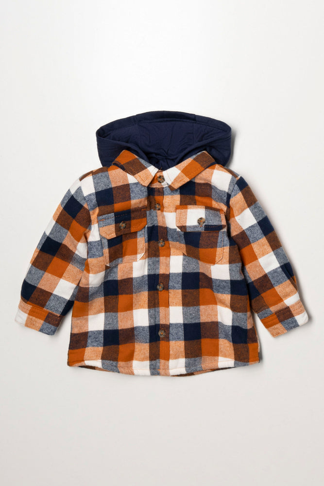 Hooded Check Shacket Rust & Navy