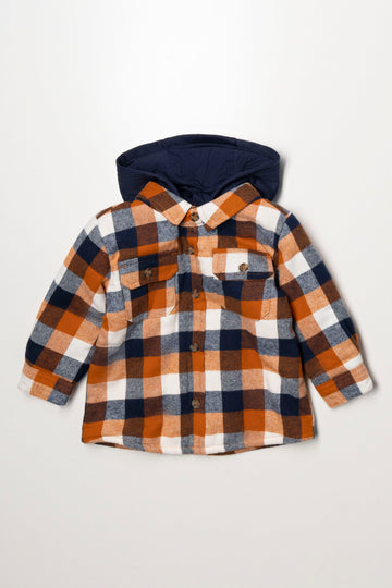 Hooded Check Shacket Rust & Navy