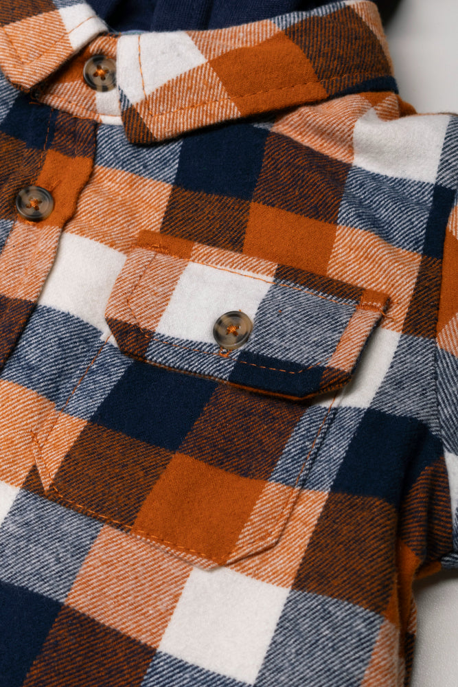 Hooded Check Shacket Rust & Navy