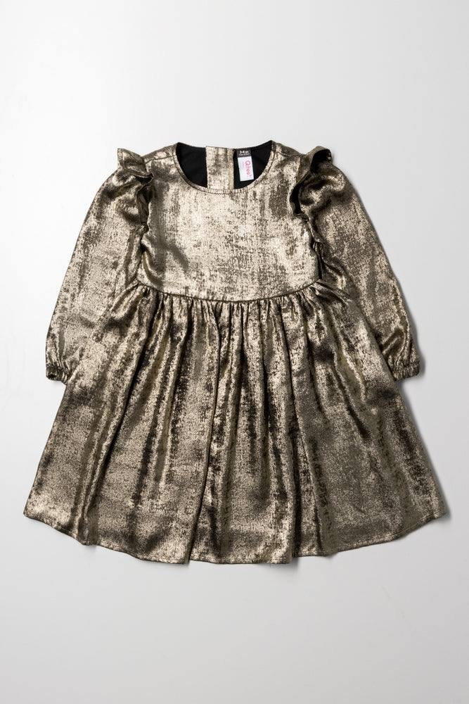 Metallic Frill Sleeve Dress Gold