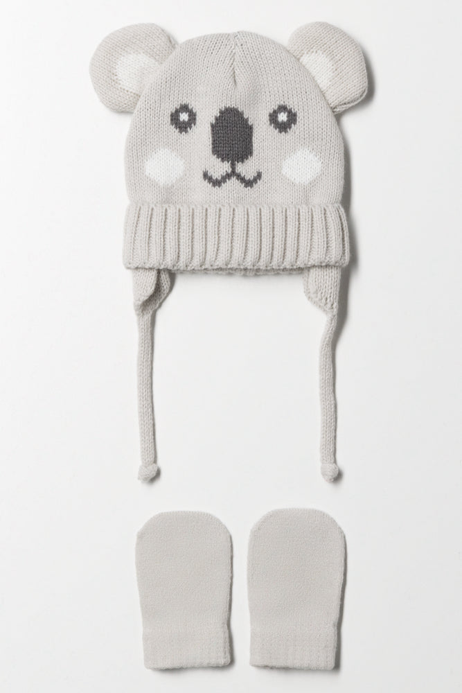 Koala Beanie And Mittens Set Light Grey