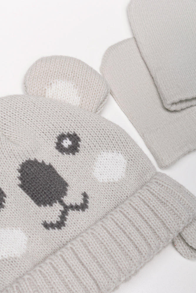 Koala Beanie And Mittens Set Light Grey