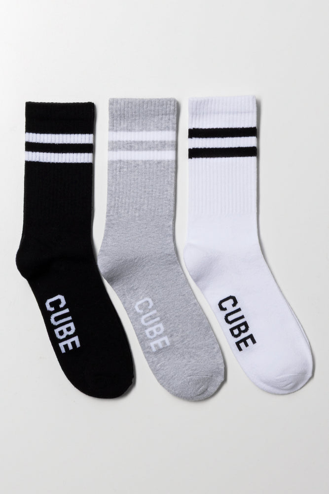 3 Pack Stripe Socks Black, Grey And White