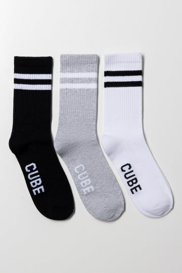 3 Pack Stripe Socks Black, Grey And White