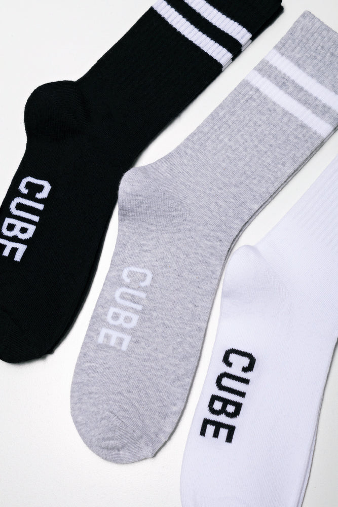 3 Pack Stripe Socks Black, Grey And White