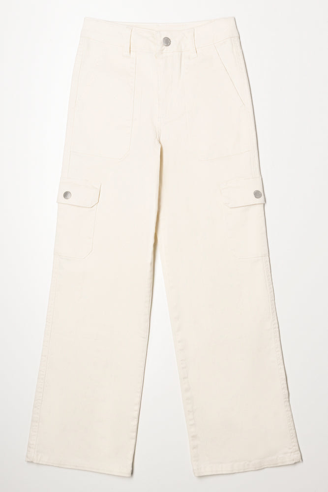 Straight Leg Cargo Denim Jeans Cream