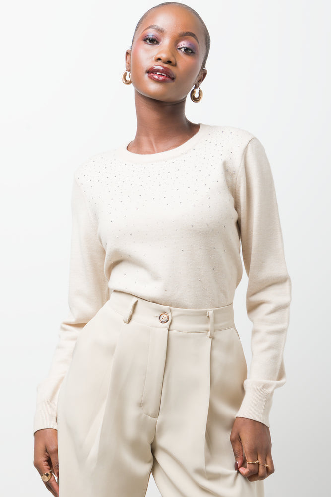 Embellished Long Sleeve Jersey Natural