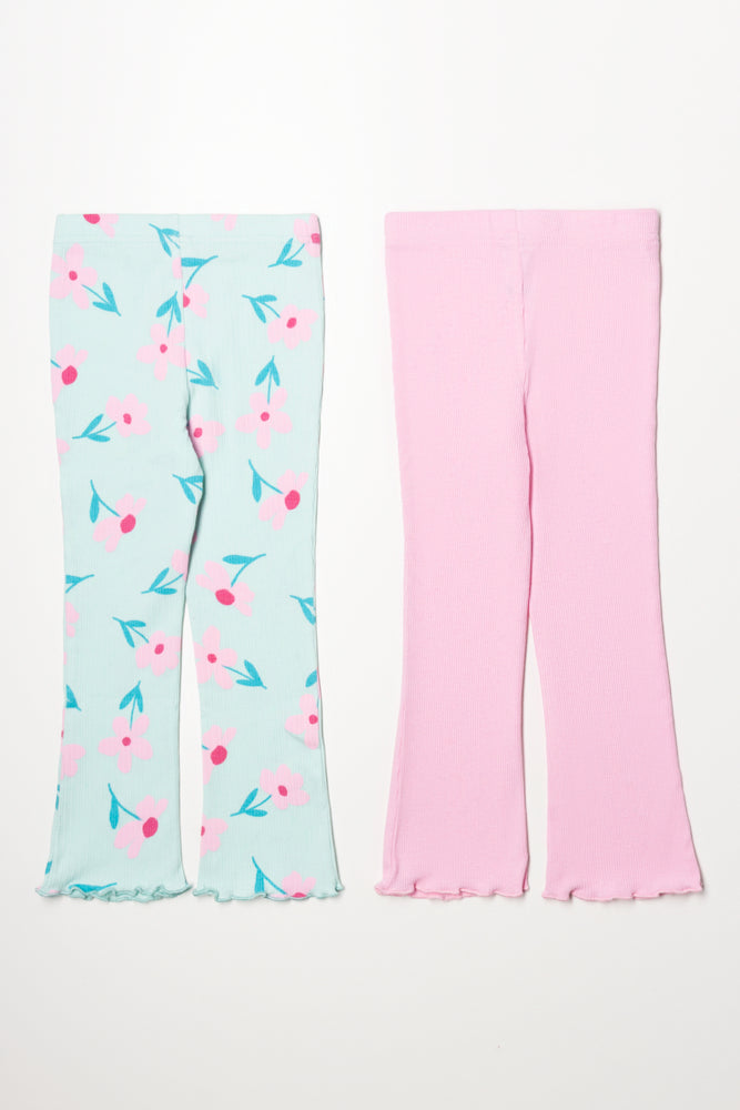 2 Pack Floral Flare Leggings Green And Pink (2)