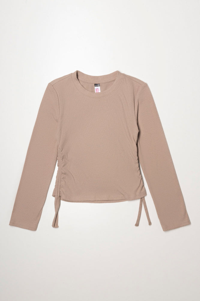 Side Ruch Crew Neck Long Sleeve Top Natural