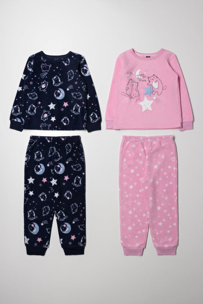 2 Pack Cat Pyjamas Set Pink And Navy