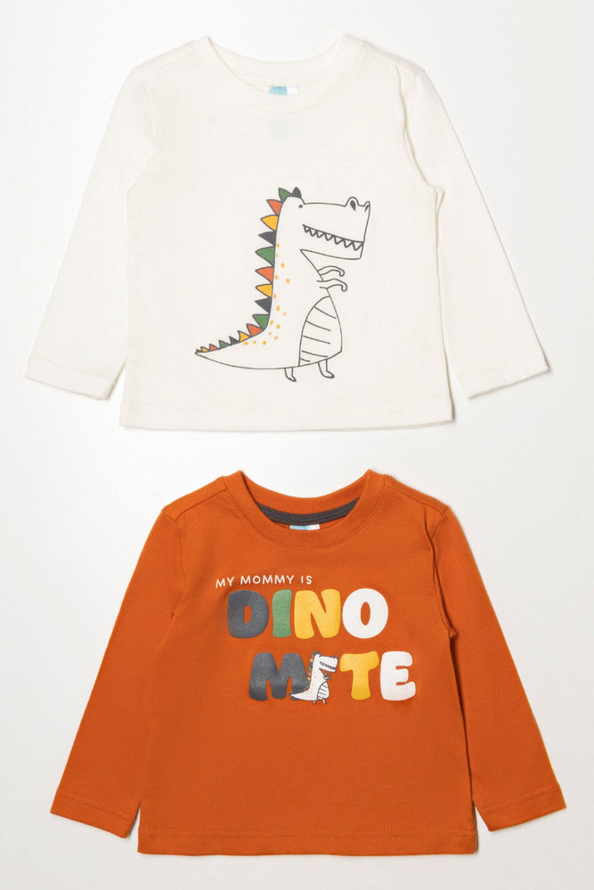2 Pack Dinosaur Long Sleeve T-Shirts Rust And White