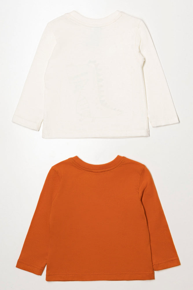 2 Pack Dinosaur Long Sleeve T-Shirts Rust And White (3)