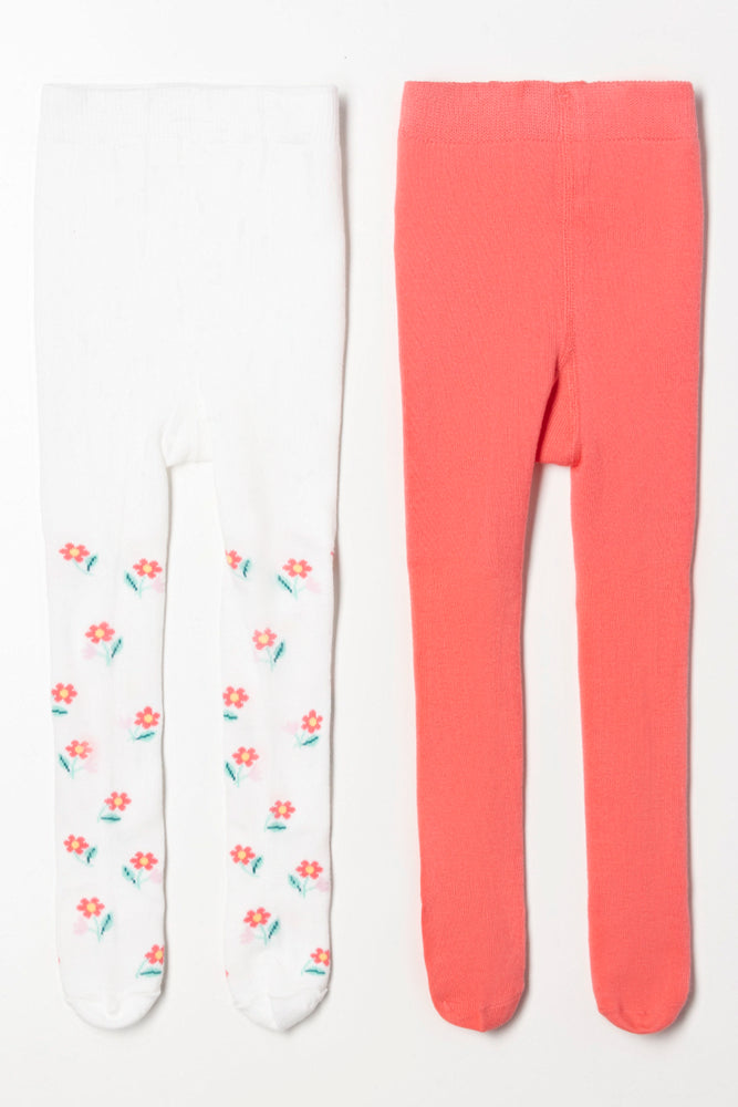 2 Pack Flower Tights Coral And White