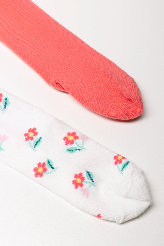2 Pack Flower Tights Coral And White