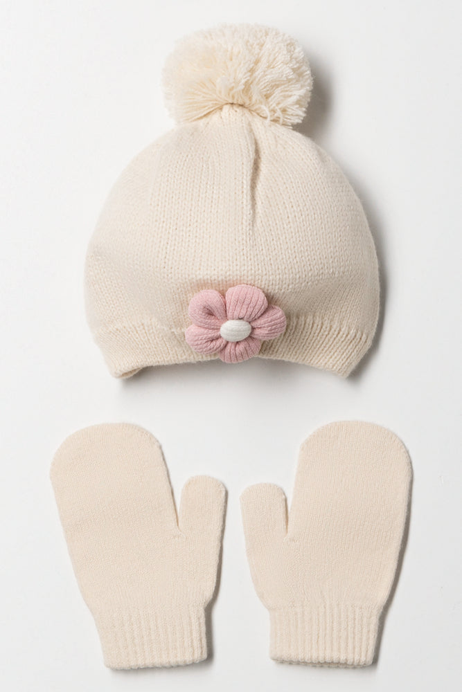 Flower Beanie And Mittens Set Natural