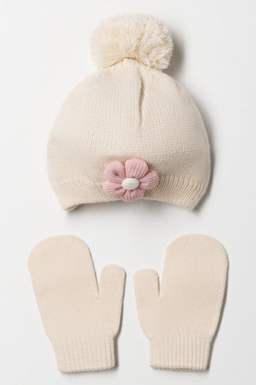 Flower Beanie And Mittens Set Natural