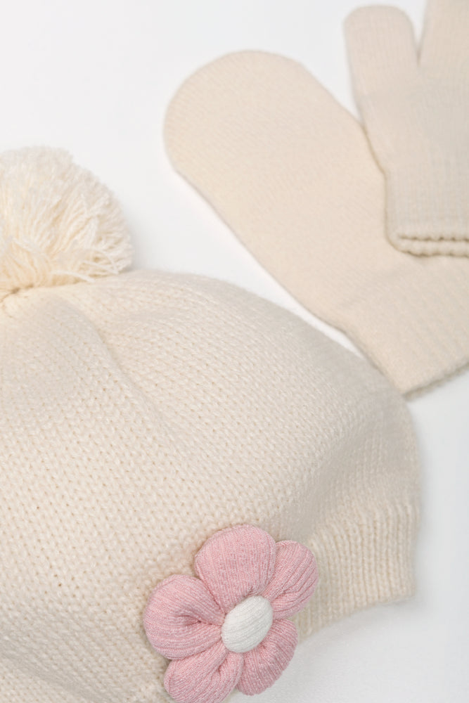Flower Beanie And Mittens Set Natural (1)