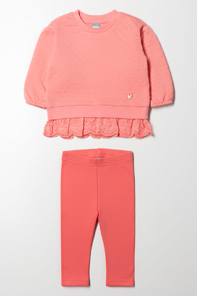 Anglaise Trim Top And Leggings Set Peach