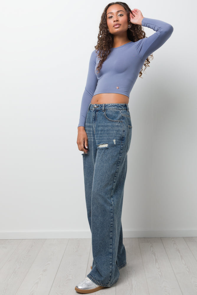 Long Sleeve Seamless Crop Top Dark Grey
