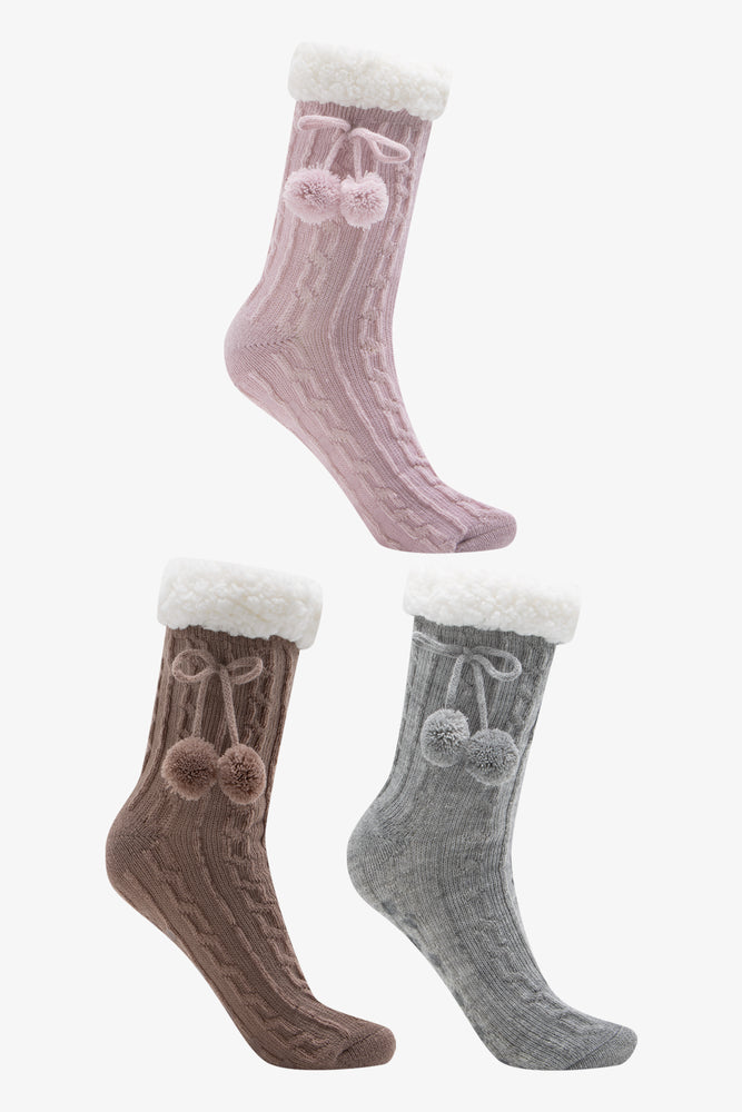 3 Pack Slipper Socks Grey, Brown And Pink (1)