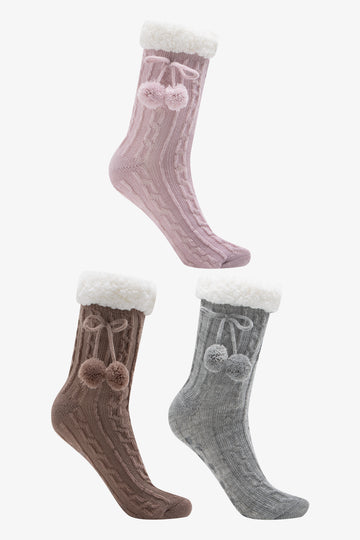 3 Pack Slipper Socks Grey, Brown And Pink (1)