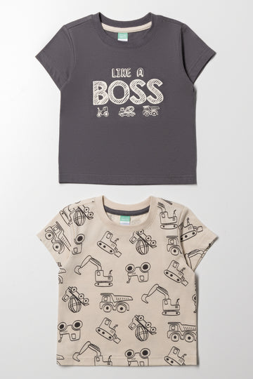 2 Pack Like A Boss T-Shirts Grey And Natural