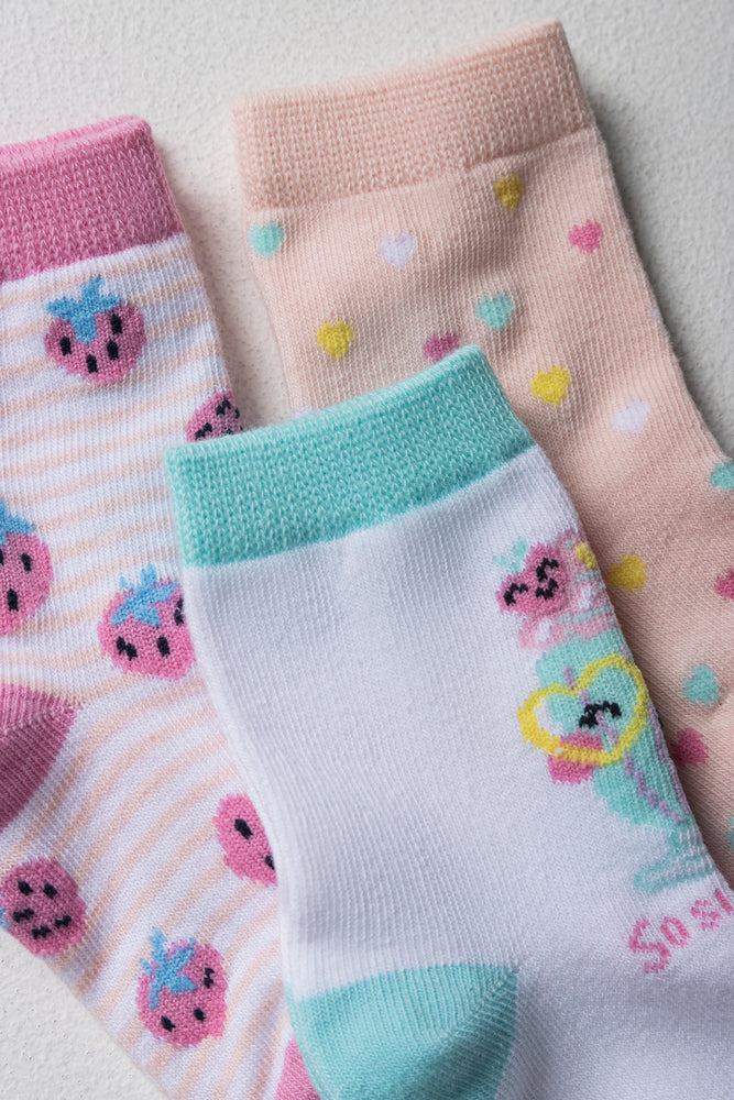 3 Pack Strawberry Ice Cream Socks Pink, Green And Peach