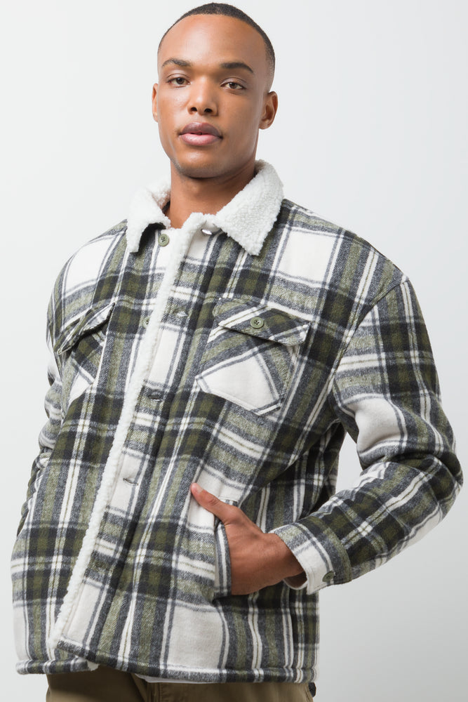 Check Sherpa Lined Shacket Cream